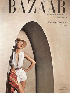 a magazine cover with a woman in a white dress and straw hat standing next to an arch