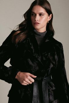 Signature Ponyskin Wrap Coat Classic Black Long Sleeve Fur Coat, Elegant Black Fur Coat With Faux Fur Trim, Black Wrap Coat, Black Fur Trim Coat, Luxury Black Faux Fur Outerwear, Wrap Coat, Karen Millen, Winter Wardrobe, Black Coat