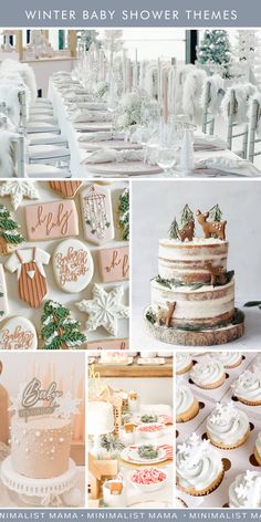 a collage of winter baby shower themes including cakes, cupcakes and cookies