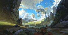 an image of a fantasy scene with mountains and people in the distance looking at something