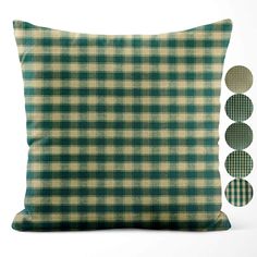 a green and white plaid pillow with three circles on the front, two in the back