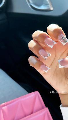 Shorties Acrylic Nails Designs, Short Nail Designs With Cross, Short Frenchies With Designs, Nail Charms Designs, Short French Tip Ideas, Short French Tip Acrylic Nails Design, French Tip With Bling, White French Tip Nails With Design, Frenchie Nails