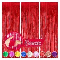 a red party curtain with the words back on it and six different colors of confetti