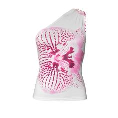 Trendy Fitted Floral Print Tank Top, White Tops With Asymmetrical Neckline For Summer, Chic Fitted Printed Tank Top, Fitted Sleeveless Tops With Graphic Print, White Fitted Top With Asymmetrical Neckline, Summer One Shoulder Top With Asymmetrical Neckline, One-shoulder Cotton Party Top, One-shoulder Cotton Top For Party, One Shoulder Cotton Top For Party