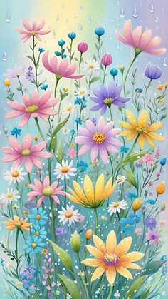 a painting of colorful flowers with water drops on it's sides and the sky in the background