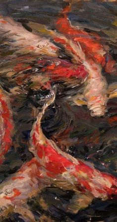 an oil painting of several koi fish swimming in the water with their tails curled up