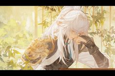 an anime character with white hair sitting on a bench