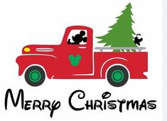 a red truck with a christmas tree in the back and mickey mouse on it's flat bed