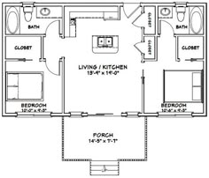 the floor plan for a two bedroom apartment with an attached kitchen and living room area