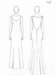 the back and side view of an evening gown, with its cut out at the waist