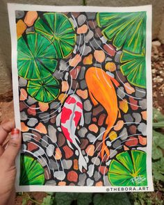 a painting of a koi fish surrounded by leaves