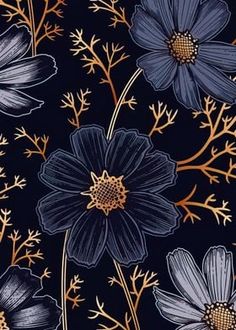 blue and gold flowers on a black background