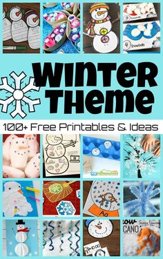 the winter theme is featured in this collage with images of snowmen and other activities