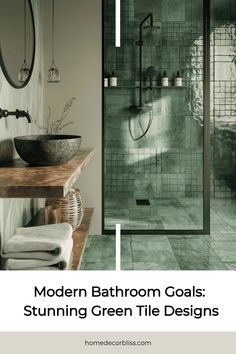 Modern bathroom with green tile shower and rustic wooden vanity. Tile Shapes, Balanced Design