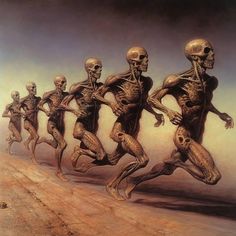 an image of a group of skeletons running in the same direction as they are doing different things