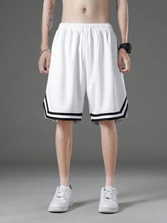 White  Collar  Woven Fabric Colorblock,Letter,Striped,All Over Print  Embellished Slight Stretch  Men Activewear White Breathable Athletic Shorts, White Stretch Gym Shorts, Stretch White Gym Shorts, Stretch Breathable White Shorts, White Stretch Shorts For Gym, White Stretch Breathable Shorts, Breathable Stretch White Shorts, White Short Sportswear Bottoms, White Athletic Shorts For Gym