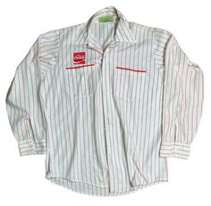 Vintage Circa 1970's Coca Cola Unitog Union Made Work Wear Longsleeve Striped Shirt - Large Back Patch. It measures 24 inches wide at its arm pits and about 30 inches top to bottom. Retro White Long Sleeve Shirt, 1970s Long Sleeve Cotton Shirt, 1970s Style Long Sleeve Cotton Shirt, Vintage White Shirt For Workwear, Vintage White Shirt For Work, Vintage Style White Shirt For Work, Retro Long Sleeve Workwear Shirt, Arm Pits, Union Made