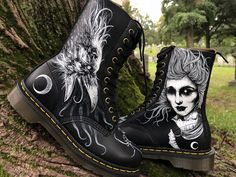 Custom Dr Martens, Custom Doc Martens, Concept Clothing, Pinstriping, Witchy Vibes, Alternative Outfits, Painted Shoes