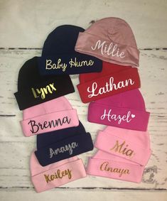 1 Personalized baby cotton beanie. ONE SIZE ONLY 0-6 months (they run small, perfect for newborns) Choose your own hat color, custom name, font style and color for the name for your perfect one of kind hat, for newborn girls and boys! Name is PROFESSIONALLY HEAT PRESSED ON! For bigger sizes: https://etsy.me/2WBnJZA Please DO NOT PUT NAME IN ALL CAPS OR ALL LOWERCASE....Type it in the correct way with the capital at the beginning only to prevent any spelling mistakes. {FONT STYLE} Slide over phot Personalized Pink Cap, Personalized Winter Hats For Gifts, Personalized Winter Hats As Gifts, Cute Personalized Hats, Customizable Pink Birthday Hat, Custom Name Cap Hat As Gift, Gift Beanie, Infant Beanie