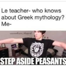 a man sitting on top of a bed in front of a computer screen with the caption'le teacher who knows about greek mythology? me - step aside pesants