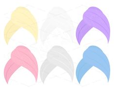 four different colors of turbans on a white background, each with one side cut out