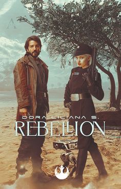 two people standing next to each other in front of a tree with the words rebellion on it