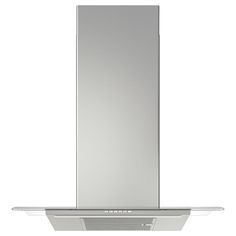 a stainless steel wall mounted range hood with glass shelves on the front and bottom side