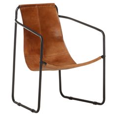 a brown leather chair with black metal frame