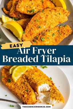 air fryer breaded tilapia with lemons and parsley on the side