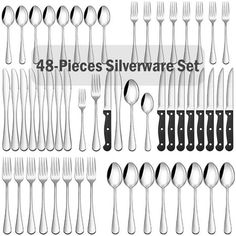 KOSBON 48 Pieces Silverware Set with Steak Knives for 8, Stainless Steel Flatware Cutlery Set For Home Kitchen Restaurant Hotel, Mirror Polished, Dishwasher Safe; It includes 8 dinner forks; 8 salad forks; 8 dinner knives; 8 steak knives; 8 dinner spoons; 8 teaspoons; An ideal Set for ideal for family daily use, parties, gatherings, family dinners, candlelight dinner, banquet, Thanksgiving, BBQ, wedding and other formal occasions. Also apply to an apartment, cabin, home, camping, hotel, restaura Gold Silverware, Stainless Steel Silverware, Eating Utensils, Kitchen Utensil Set, Stainless Steel Cutlery, Candle Light Dinner, Forks And Spoons, Stainless Steel Flatware, Kitchen Utensil