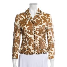 Etro Runway Jacket Brown/Cream Printed Studded Accents & Pointed Collar Patch Pockets & Button Closure Sleeve: 23.75" Bust: 32" Shoulder: 14.5" Length: 21.75" Waist: 29" Fabric: 100% Leather; Lining 60% Acetate, 40% Viscose Foreign Size: Us6, It42 Very Good Condition, Come Faint Scratches Cream Fitted Leather Jacket For Fall, Fitted Cream Leather Jacket For Fall, Fitted Cream Leather Outerwear, Chic Fitted Cream Leather Jacket, Fitted Beige Leather Jacket For Spring, Elegant Fitted White Leather Jacket, Elegant Cream Leather Jacket For Spring, Elegant Cream Leather Jacket, Designer Cream Blazer For Spring