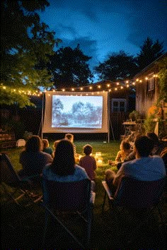 people sitting in lawn chairs watching a movie on the screen at night with string lights