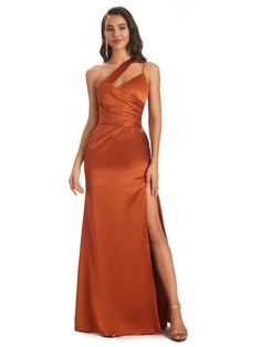 Elegant Soft Satin Side Slit One Shoulder Floor-Length Mermaid prom Dresses - ChicSew Brown Bridesmaid Dresses, Bridesmaid Dresses Dusty Sage, Sage Bridesmaid Dresses, Side Split Dress, Bridesmaid Dresses Uk, Mermaid Bridesmaid, Prom Dresses Long Mermaid, Mermaid Bridesmaid Dresses, Maxi Bridesmaid Dresses