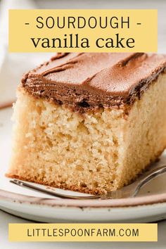 a close up of a piece of cake on a plate with the words sourdough vanilla cake