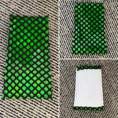 four photos showing how to make an origami box with green and black squares