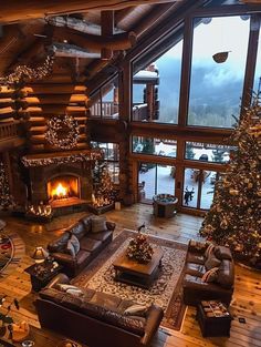 a living room filled with furniture next to a fire place under a large glass window