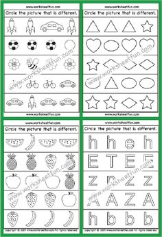 four different worksheets with the words and pictures in them, including one for each letter