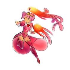 a drawing of a girl with long red hair in a pink dress flying through the air