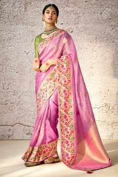 Broad Border Saree, Purple Saree, Border Saree, Lilac Pink, Banarasi Silk Saree, Lavender Pink