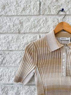 Simkhai Devina Polo in the color Sand Multi Ribbed knit Button front Fold over collar Short sleeves Marissa Webb, Promotional Design, Color Sand, Mother Denim, Knit Sweatshirt, Outerwear Sweater, Frame Denim, Ulla Johnson, Fold Over