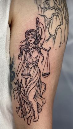 Woman Fighter Tattoo, Aphrodite Libra Tattoo, Justice Goddess Tattoo, Libra Goddess Tattoo Lady Justice, Themis Goddess Tattoo, Justice Tattoo For Women, Powerful Women Tattoo, Greek Goddess Tattoo Aphrodite, Tattoos Of Women Goddesses