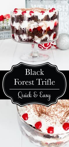 black forest trifle quick and easy recipe for christmas desserts with white frosting on top