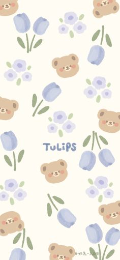 a wallpaper with blue flowers and bears on it's back ground, in front of a white background