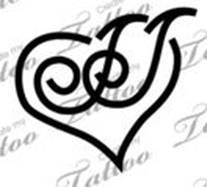 a heart with two initials in the middle and an arrow at the bottom, on a white background