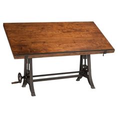 a wooden table sitting on top of a metal frame with an iron base and wood top