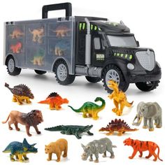 a toy truck with dinosaur figures in front of it