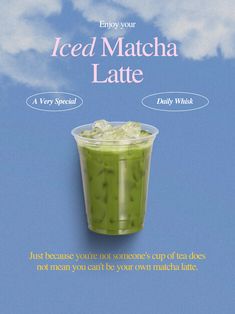 an advertisement for iced matcha latte on a blue background with clouds in the sky