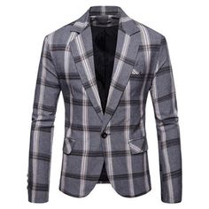 a gray and black plaid jacket on a white background