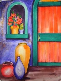 a painting of vases and flowers in front of a door