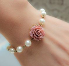 Rose Bracelet, Dusty Pink Rose, Pearl Bracelet, Floral Bridal Accessories, Shabby Chic Wedding, Vintage Style Jewelry, Bridesmaids Jewellery Elegant Rose Gold Bracelet With Rose Design, Elegant Rose Gold Bracelets With Rose Design, Elegant Rose-colored Bracelet Jewelry, Elegant Rose Colored Bracelet Jewelry, Elegant Rose Color Bracelet For Gift, Pink Pearl Bracelet For Wedding, Elegant Rose Colored Bracelet, Elegant Rose Design Bracelet For Gift, Elegant Rose Design Bracelet As A Gift